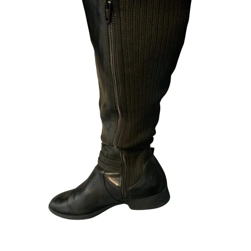 Womens Black Knee‎ High Boots Ribbed Knit Back Side Zip Buckle Detail Flat Heel